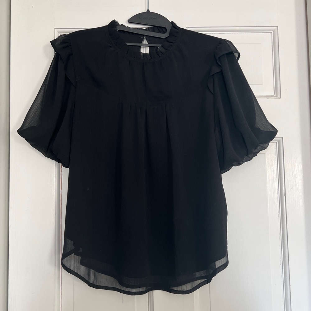 LOFT Black Ruffle Blouse Bubble Sleeve